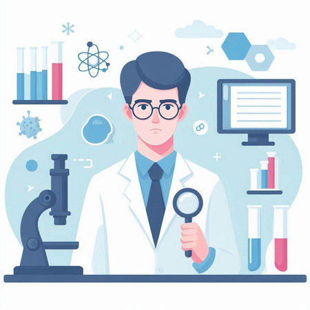 Scientist with a magnifying glass in the laboratory. Vector illustrationのイラスト素材