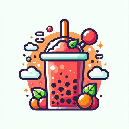 Fruit smoothie vector illustration. Colorful line art icon of smoothie with strawberries, cherries and ice cream.のイラスト素材