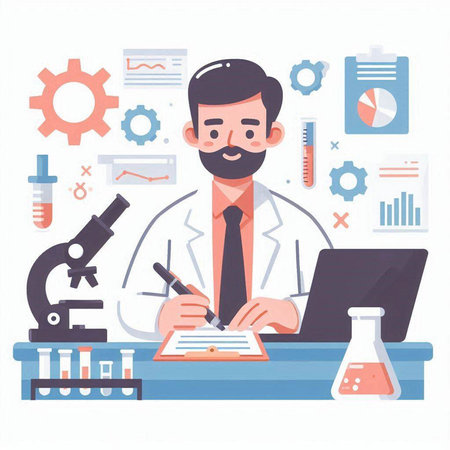 Scientist at work in the laboratory. Flat style vector illustration.のイラスト素材