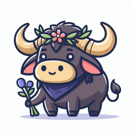 Illustration of a Cute Bull Wearing a Wreath and Holding a Flowerのイラスト素材