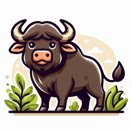 Cartoon vector illustration of a buffalo standing in the grass. Wild animal.のイラスト素材