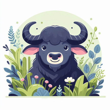 Cute water buffalo in the garden. Vector illustration in flat style.のイラスト素材