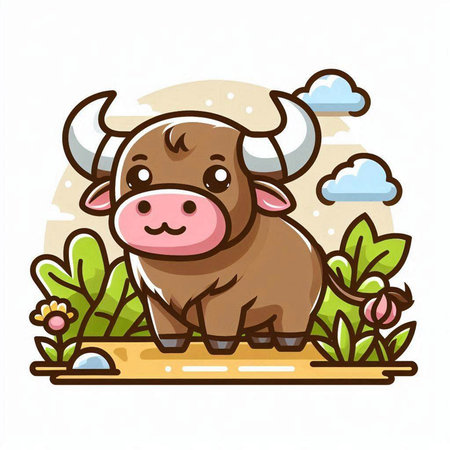 Cute cartoon bull on nature background. Vector illustration for your designのイラスト素材