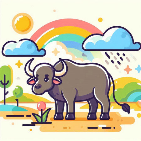 Vector illustration of a cute cartoon buffalo on the background of a rainbowのイラスト素材