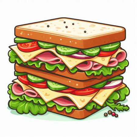 Sandwich with ham, cheese, tomato, cucumber and lettuceのイラスト素材