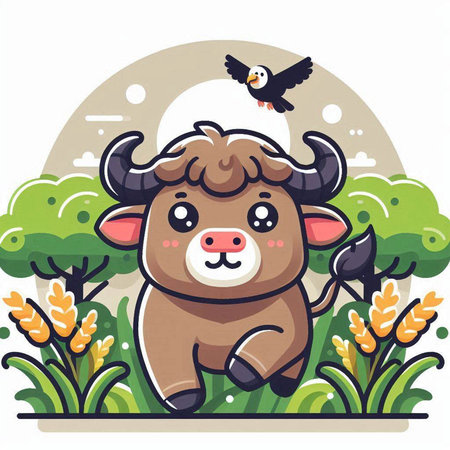 Illustration of a Cute Cartoon Buffalo in the Field with a Birdのイラスト素材