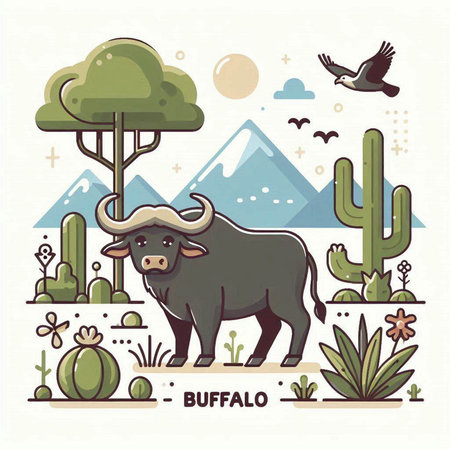 Vector illustration of bison in flat style with mountains and cactiのイラスト素材