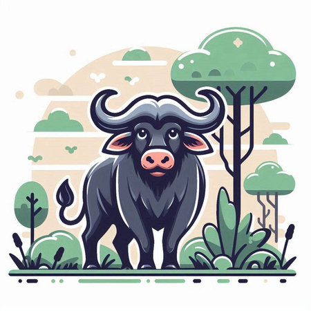 Vector illustration of a buffalo in the forest. Wild animal in nature.のイラスト素材