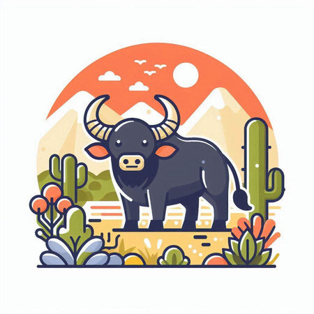 Vector illustration of buffalo in flat style. Cactus in the desert.のイラスト素材