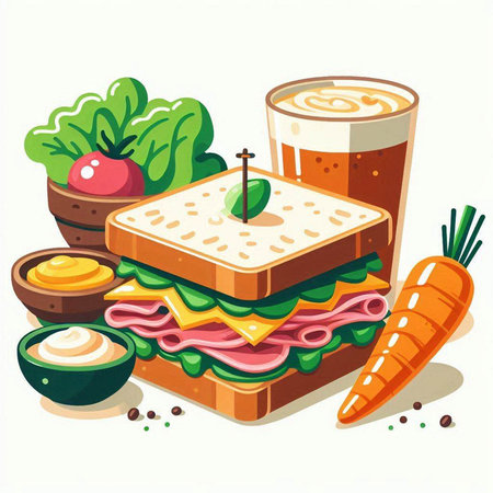 Sandwiches with vegetables and coffee. Vector illustration in cartoon style.のイラスト素材