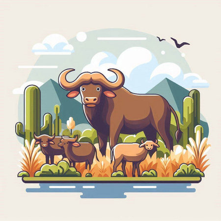 Vector illustration of buffalo, sheep and cactuses in the desertのイラスト素材