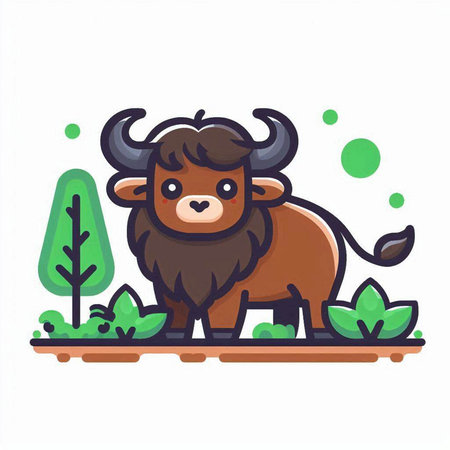 Cute buffalo standing in the park. Vector illustration in a flat style.のイラスト素材