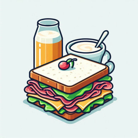 Sandwich with coffee and milk. Vector illustration in cartoon style.のイラスト素材
