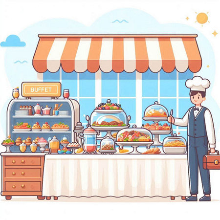 Restaurant or cafe interior. Vector illustration of a male chef standing in front of the counter and serving food.のイラスト素材