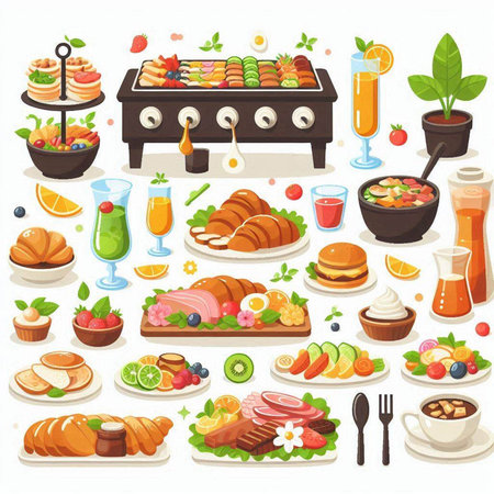 Set of food and drinks on a white background. Vector illustration.のイラスト素材