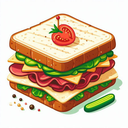 Sandwich with ham, cheese, tomato and cucumber. Vector illustration.のイラスト素材