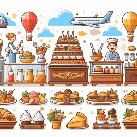 Set of food and drinks in cafe or restaurant. Vector illustration.のイラスト素材
