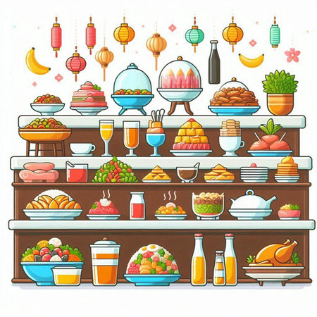 Vector illustration of a Chinese New Year food and drinks on the shelvesのイラスト素材