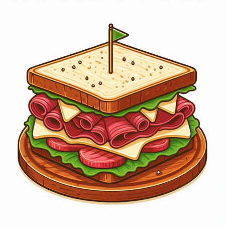 Sandwich with ham and cheese on a wooden board. Vector illustration.のイラスト素材