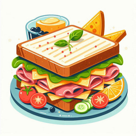 Sandwich with ham, cheese, tomato and basil. Vector illustration.のイラスト素材