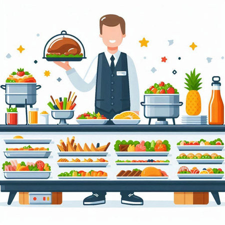 Vector illustration of a waiter in uniform serving food in the supermarket.のイラスト素材