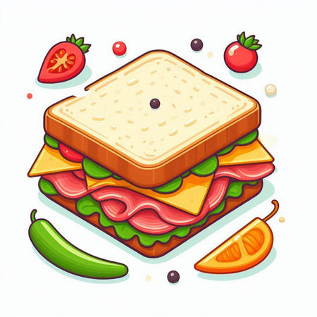 Sandwich with ham, cheese, tomato and pepper. Vector illustration.のイラスト素材