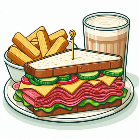 Illustration of a sandwich with fries and coffee on a white backgroundのイラスト素材