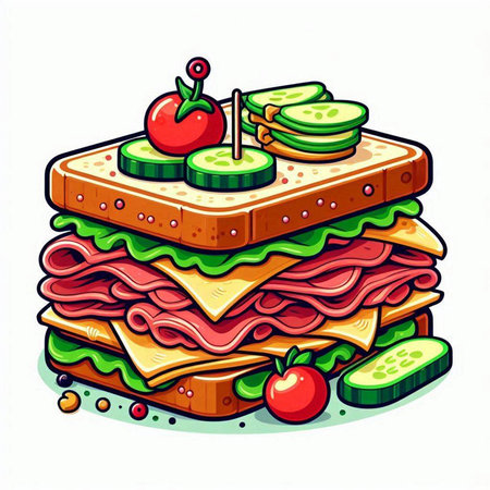 Sandwich with ham, cheese, tomato and cucumber. Vector illustration.のイラスト素材
