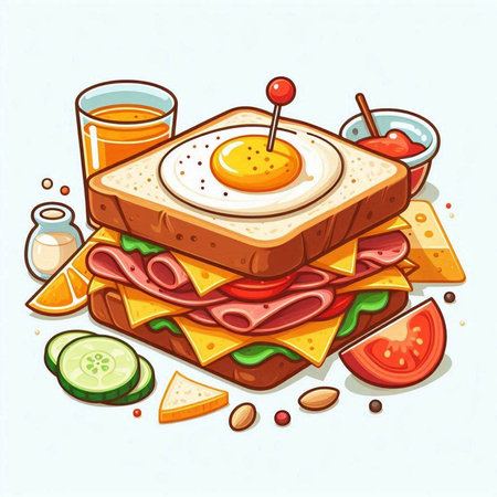 Sandwich with ham, cheese, tomato and egg. Vector illustration.のイラスト素材
