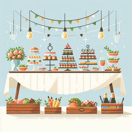 Wedding table with food. Vector illustration in flat style.のイラスト素材