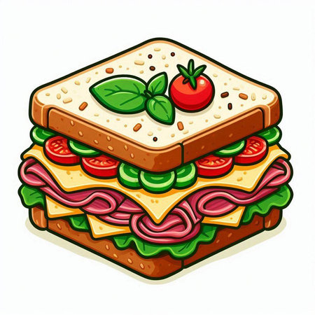 Sandwich with ham, cheese, tomato and basil. Vector illustration.のイラスト素材