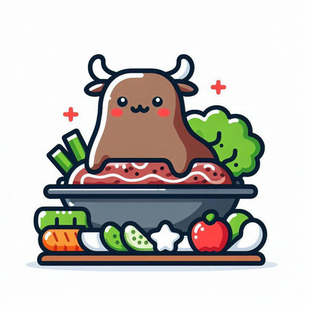 Illustration of a Cute Cow Eating Vegetables in a Bowlのイラスト素材