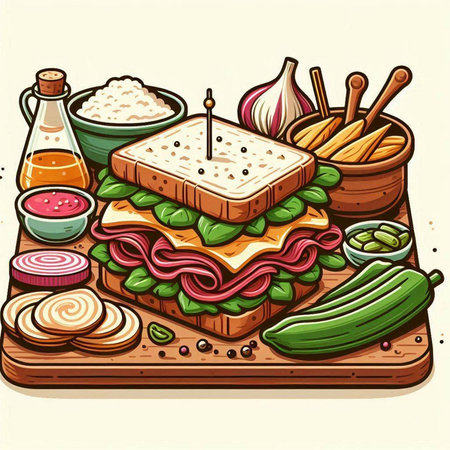 Illustration of a sandwich on a wooden board with ingredients around.のイラスト素材