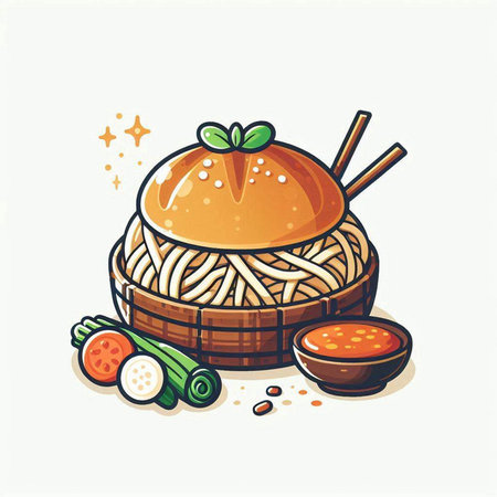 Illustration of a Chinese noodle with chopsticks and vegetables.のイラスト素材