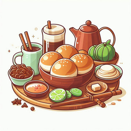 Illustration of a set of Chinese tea and sweets. Vector illustration.のイラスト素材