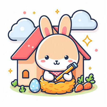 Cute rabbit with easter egg in nest. Vector illustration.のイラスト素材