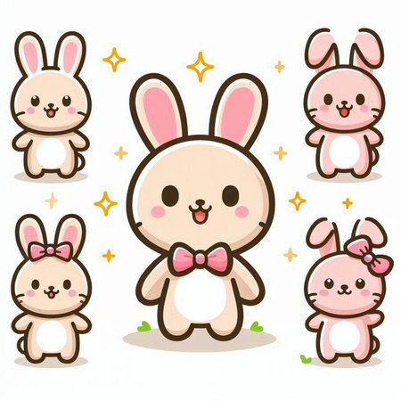 Cute bunny character set. Vector illustration isolated on white background.のイラスト素材