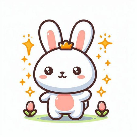 Cute cartoon bunny with magic wand and egg. Vector illustration.のイラスト素材