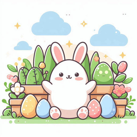 Cute Easter bunny with eggs and flowers in pots. Vector illustration.のイラスト素材