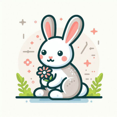 Cute rabbit with flowers. Vector illustration in flat cartoon style.のイラスト素材