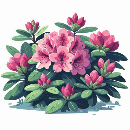 Pink rhododendron flowers with green leaves. Vector illustration.のイラスト素材