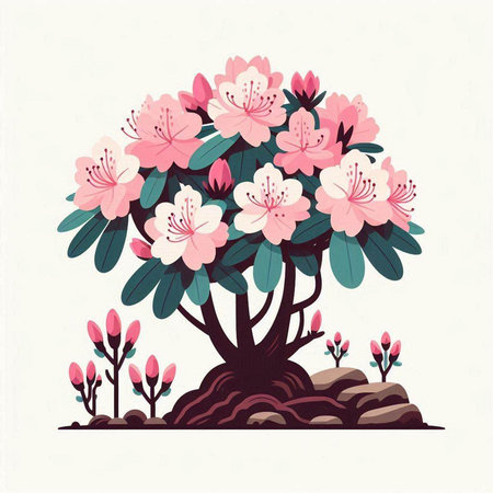 Rhododendron tree with pink flowers. Vector illustration.のイラスト素材