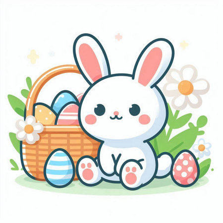 Easter bunny and basket with eggs. Cute vector illustration.のイラスト素材