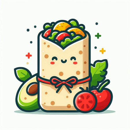 Tortilla wrap with fruits and vegetables. Vector cartoon character illustration.のイラスト素材