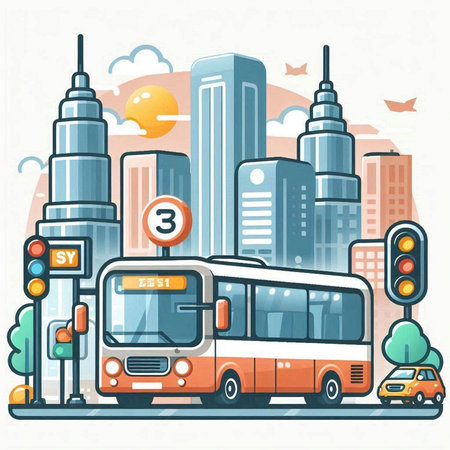 City bus on the background of the modern city. Vector illustration.のイラスト素材