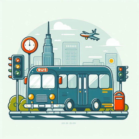 Vector illustration of a cityscape with bus, traffic lights, train and buildings.のイラスト素材