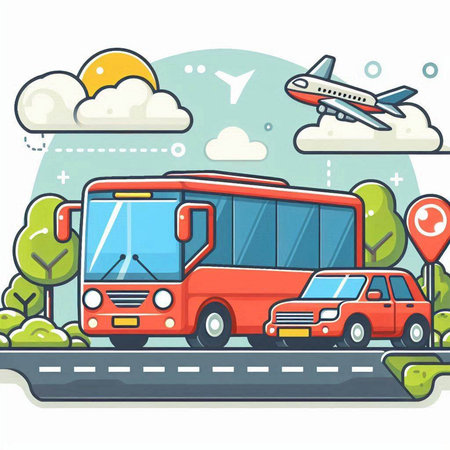 Bus on the road. Vector illustration in flat style. Isolated on white background.のイラスト素材