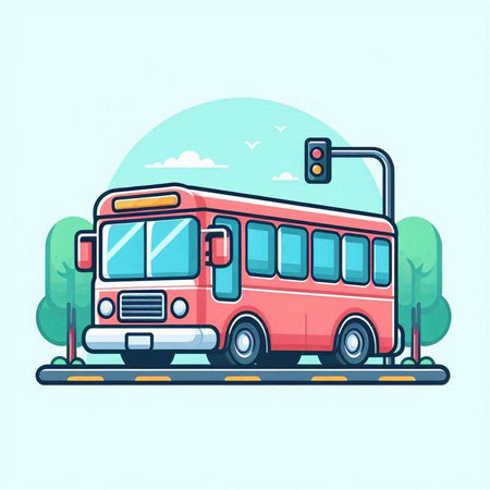Bus on the road. Vector illustration in cartoon style. Flat designのイラスト素材