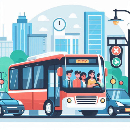 Bus and people on the city street. Vector illustration in flat styleのイラスト素材