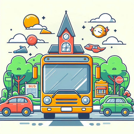 Bus on the city street. Vector illustration in line art style.のイラスト素材